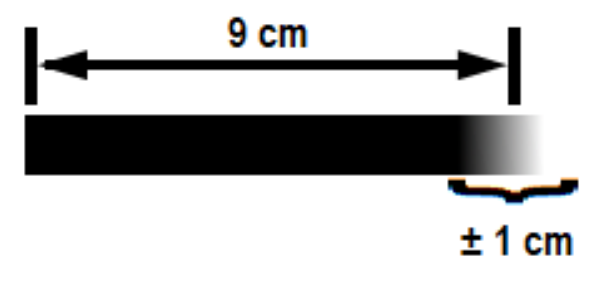 Una longitud de 9 cm con un borde derecho difuso y un margen de 1 cm.